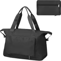 Unyqoos Reisetasche faltbar für Damen & Herren, wasserdichtes Nylon, große Kapazität 40x20x46 cm (gefaltet 28x3x17 cm), Schwarz, erweiterbar, Sicherheitsreißverschluss