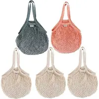Unyqoos Wiederverwendbare Baumwoll-Netz-Einkaufstaschen, 5er-Set (3 Beige, 1 Orange, 1 Dunkelgrün) – 43×60 cm, 100% Baumwolle, bis 18 kg