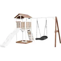 Axi Beach Tower Spielturm aus Holz in Braun & Weiß | Spielhaus für Kinder mit weißer Rutsche, Nestschaukel und Sandkasten | Stelzenhaus für den Garten