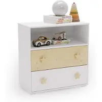 KOBI Kinderkommode PUFFI 80x40x82 cm mit 2 Schubladen & Ablagefach – Weiß Ahorn – Kinderzimmer