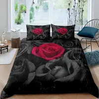 Merkloos Bettwäsche-Set mit floralem 3D-Design – Schwarz/Rot – Größe King
