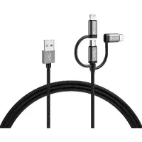 Varta 3-in-1 Kabel, USB-A auf Micro-USB, USB-C und Lightning, Schnellladung und Synchronisierung, MFi-zertifiziert, Ladekabel für Strom und Datenübertragung, 2 m, schwarz, Nylon