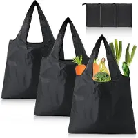 Unyqoos 3er-Set faltbare Einkaufstaschen – wiederverwendbar & platzsparend, 50×48 cm, 18 kg Tragkraft, faltbar 14×9 cm, 100% Encrypted Nylon T210, schwarz