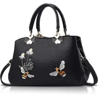 Unyqoos Damen Handtasche aus hochwertigem Kunstleder, retro bestickte Schultertasche/Tote 27×11×19 cm, verstellbarer Riemen, Reißverschluss mit Metallknopf, viele Fächer