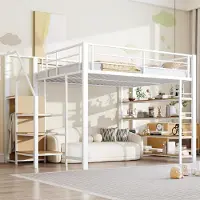 Sonstiges Hochbett 140x200cm mit Sicherheitstreppe und Kleiderschrank, Metall Kinderbett Jugendbett, Eisenrahmen, MDF&Metall, Weiß