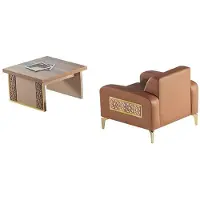 AEA Sessel Couchtisch Set Braun Lehnsessel Quadratisch Leder Holz 1-Sitzer