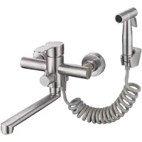 Sonstiges Küchenarmatur Wandmontage mit Spritzpistole, 2 Wasserstrahlarten, 360° drehbar, Edelstahl gebürstet, 225 mm Auslauf, Silberfarben