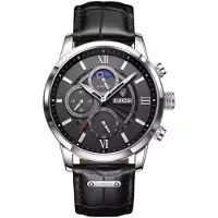 Lige Herrenuhr Schwarz Silber mit Lederarmband und Kalender KP41978