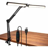 LUMILED LED Schreibtischlampe CETUS mit Klemme 15W 600lm Doppelarm CCT Dimmbar Tischlampe Schwarz 2 verstellbare Lichtarme 3 Lichtfarben (3000/4500/6500K) 10 Helligkeitsstufen USB-A Memory-Funktion