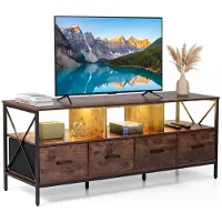 Costway TV-Schrank mit LED, Lowboard für Fernseher bis zu 80 Zoll, Fernsehtisch mit 3 offenen Fächern & 4 faltbare Stoffschubladen, 180x40x63cm Braun