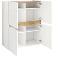 MODFU Aufbewahrungsschrank Spanplatte Weiß-Eiche, 90 x 40 x 110 cm, 4 Türen