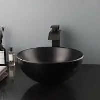 OEM Runder Keramik-Waschtisch 32 cm schwarz mit Wasserhahn und Abfluss