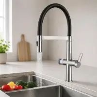 Homelody Küchenarmatur mit Filter, Hoher Bogen, Ausziehbar, 360° Drehbar, 2 Sprühfunktionen, Chrom/Schwarz