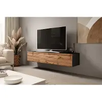 EURO-MEBLE TV Schrank RTV 8 mit Lamellen Medienmöbel Lowboard (Schwarz + Eiche Wotan Lamellen)