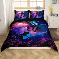 Loussiesd Bettwäsche Set 155x220cm Lila Blau Schmetterling Blumen Mikrofaser
