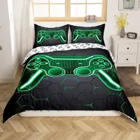 Loussiesd Bettwäsche Set 220x240cm Grün Schwarz Gamepad Geometrisch Wabenmuster 2 Kissenbezüge Mikrofaser
