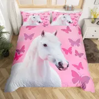 Loussiesd Bettwäsche-Set Mädchen Pferd 135x200cm Rosa Weiß Mikrofaser mit 1 Kissenbezug 80x80cm