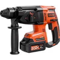 Vevor 20V Brushless Cordless Hammer Drill, Lithium-Ion 1 Inch Rotary Hammer Driver, SDS-Plus Electric Lightweight Power Tool Kit with Battery and Charger, 4 Functions, 1200 RPM, 5300 BPM