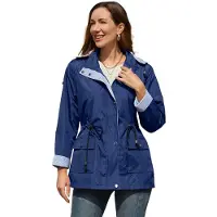 Merkloos Damen Wasserdichte Lange Regenjacke mit Kapuze und Reißverschluss, Navy, L