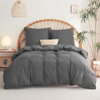 Trankielo - Bettbezug 155x220 cm - 3-teiliges Bettwäsche-Set in Anthrazit - 100% Mikrofaser und atmungsaktiv
