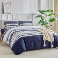 Merkloos Bettbezug-Set, 240x220 cm, mit 2 Kopfkissenbezügen, 50x75 cm, aus Mikrofaser, in Blau mit Streifenmuster