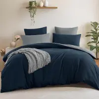 Trankielo - 3-teiliges Bettwäsche-Set, 200 x 220 cm - Wendbares Mikrofaser-Set in Blau und Grau mit Reißverschluss
