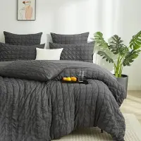 Trankielo - Bettwäsche-Set aus Seersucker-Baumwolle, 135x200 cm - Mikrofaser, grau gestreift, atmungsaktiv, mit Reißverschluss, 2-teilig
