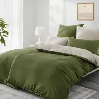Trankielo – Bettwäsche-Set, 135x200 cm, 4-teilig – Olivgrün/Beige – Mikrofaser, reversible,