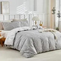 Merkloos Bettbezug-Set, 240x220 cm, mit 2 Kopfkissenbezügen, 50x80 cm, mit Blätter-Motiv in Grau und Weiß