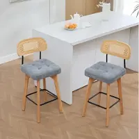 MODFU 2er-Set Barhocker 360° drehbar mit Rattan-Rückenlehne, Drehstühl mit gepolsterte Chenille-Sitzfläche, Küchenhocker Esszimmerstühl mit Fußstütze, Grau