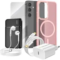 Mayaxess , Komplett-Paket für Galaxy S24 Hülle, Schutzglas, Ladegeräte, Powerbank, Kopfhörer, Rosa