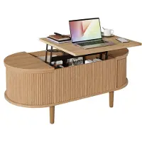 Moonbite Couchtisch mit Hebeplatte, ovaler Aufbewahrungstisch 100 × 48 cm Klappdeckel, Eichenoptik, Massivholzfüße, Beistelltisch, MDF-Platte, Eiche
