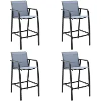 Markenlos 4 Garten-Barstühle in Grau aus Textilene mit Stahlgestell, 54x63,5x109 cm, wetterfest und stapelbar für Balkon, Terrasse und Außenbereich