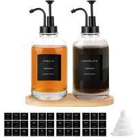 Merkloos Omgoods- Sirup-Spender-Set, 2 Stück - Glasflasche, 500 ml - Sirup-Zapfer - Serviertablett - Trichter - 36 Etiketten - Sirupflasche