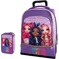 Markenlos Trolley Rainbow High Violett, 2 Fächer, gepolsterte Schultergurte, für Mädchen, Grund- und Mittelschule + Federmäppchen 3 Etagen + Schlüsselanhänger mit Pailletten und 7 mehrfarbigen