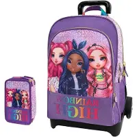 Markenlos Trolley mit abnehmbarem Rucksack in Violett, Rainbow High, 2 Fächer, gepolsterte Schultergurte, für Mädchen, Grundschule + Federmäppchen mit 3 Fächern + Schlüsselanhänger mit Pailletten