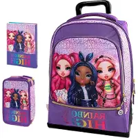 Markenlos Trolley Rainbow High Violett, 2 Fächer, gepolsterte Schultergurte, für Mädchen, Grund- und Mittelschule + Federmäppchen 3 Etagen + Tagebuch 2025-2026 + Schlüsselanhänger mit Pailletten und 7
