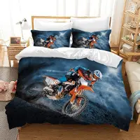 Trankielo - Motorrad-Bettbezug-Set: 220 x 240 cm – 2 Kopfkissenbezüge 50 x 75 cm – Modernes, blaues Mikrofaser-Material – Für Erwachsene und Kinder