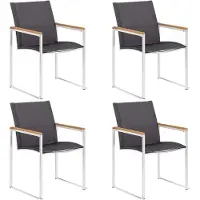 Markenlos 4 Gartenstühle aus Textilene und Edelstahl in Grau mit massivem Teakholz, stapelbar und wetterbeständig für Esszimmer und Terrasse