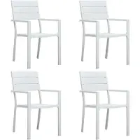 Markenlos Set aus 4 weißen Gartenstühlen in Holz-Optik, wetterfestes HDPE, 62 x 55,5 x 88,5 cm, stabile Stahlrahmen, leicht zu reinigen, für die Terrasse