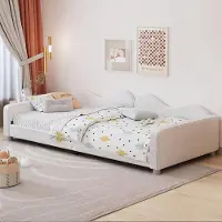 ALFORIGO Polsterbett 90 x 200 cm Kinderbett mit Teddystoff, Rückenlehne und Armlehnen, als Schlafsofa nutzbar, 12 Holzlatten, Weiß