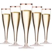 OEM 50 Stück Plastik-Champagnegläser mit Rosa-Gold-Rand - Herstellbare Weingläser für Feiern, Hochzeiten und Gartenaktivitäten, 150ml, 5 x 17 cm