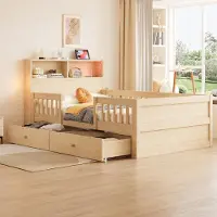 Flieks Kinderbett 90x190cm mit 2 Schubladen, Holzbett Einzelbett mit Led und Ladefunktion, Kinder Klassisches Bett mit Rausfallschutz, Naturbelassen