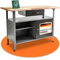 Merkloos Werkbank Arbeitstisch Werktisch - Metall mit Schublade und abschließbarer Tür - 120 x 60 x 85 cm - Buche Arbeitsplatte
