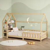 Dripio Kinderbett 90x200 cm mit Rausfallschutz und Ablage, Hausbett, Kiefernholz natur