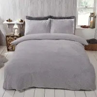 Markenlos Teddy fleece dekbedovertrek met kussensloop thermisch pluizig warm zacht beddengoed set, grijs zilver, single