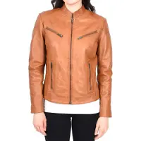 Merkloos Damen Lederjacke – Kragen im Mandarin-Stil – Braun