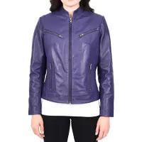 Merkloos Leren Motorjacke für Damen – Lila mit Mandarin-Kragen