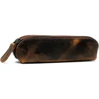 Merkloos Vintage-Etui aus Leder, rund – Braun mit Reißverschluss – 18 cm – Reiseetui für Kosmetik und Schmuck