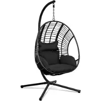Unyqoos Hängesessel mit Gestell – XXL Eiersessel aus Polyrattan, schwarz, galvanisiertes Stahlgestell (Rohr Ø 5 cm), mit Sitz‑ & Nackenkissen (Baumwollbezug), verstellbar, 150 kg